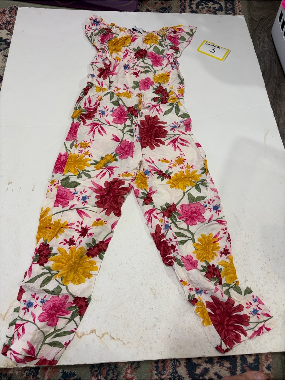 Old Navy White Floral Off-Shoulder Jumpsuit with Pink & Yellow Blooms